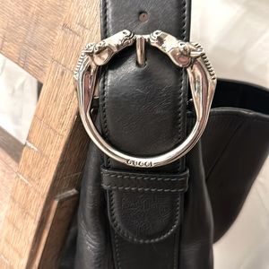 Gucci Black Leather Ribot Horse Head Hobo Handbag in Excellent Condition